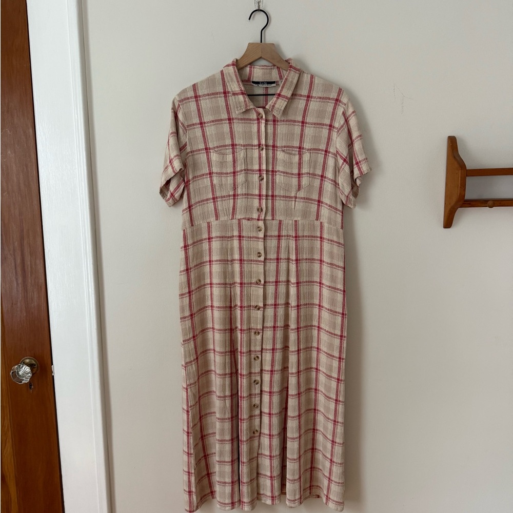 100% silk Plaid Button-Down Midi Dress